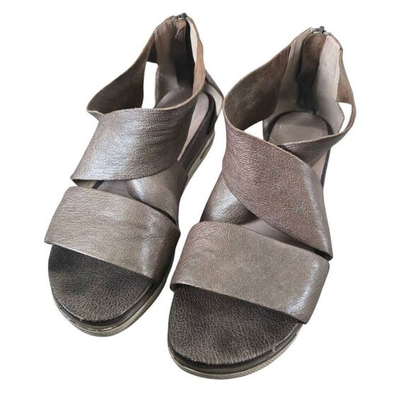 Eileen Fisher Sport Platform Sandals Women's 9.5 Metallic Gold Leather Back Zip - Picture 3 of 9
